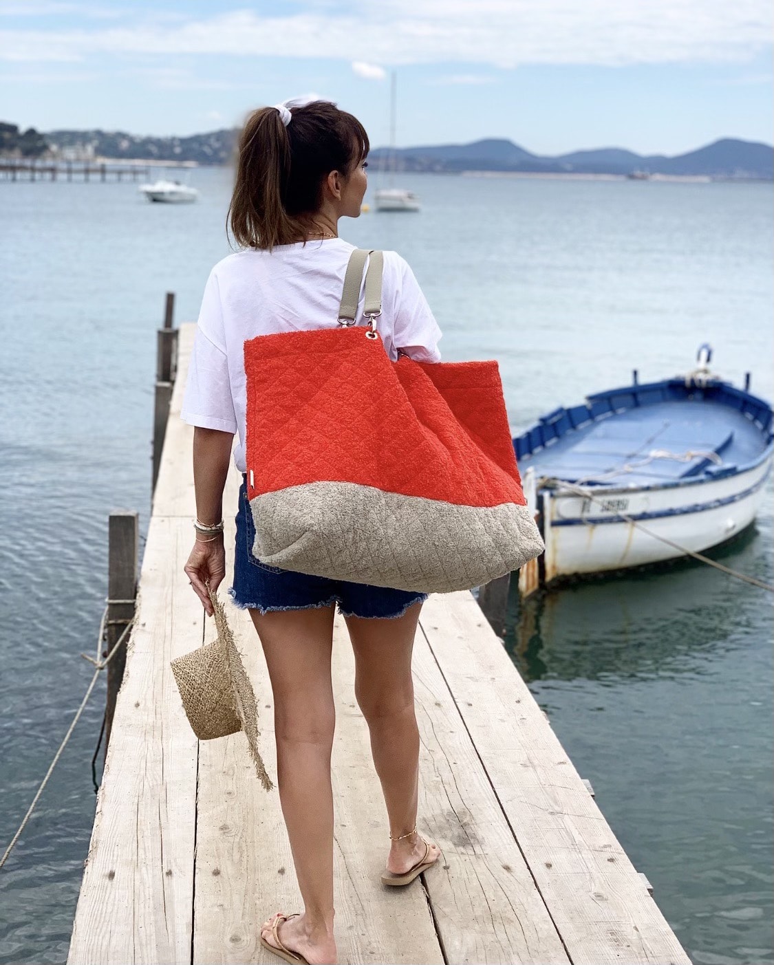 Grand sac cabas de plage en éponge Corail -Taupe Made in France